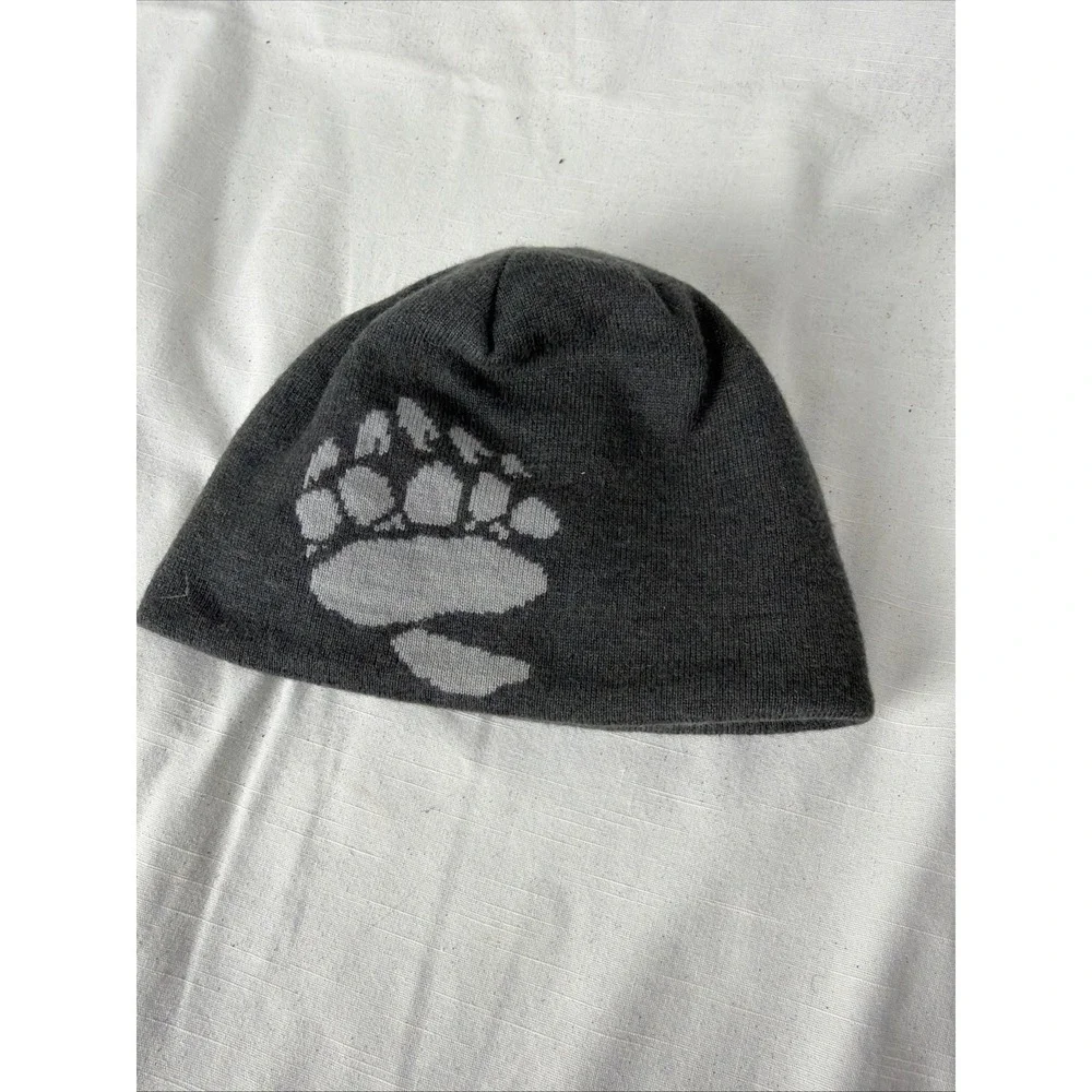 Patagonia Reversible Beanie Hat Grey Striped Bear Paw Print Knit Winter Cap